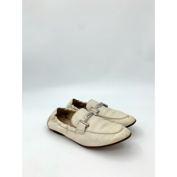 Tods Womens Ivory Leather Loafers With Silver Buckle Accent Size 37 - Picture 3 of 9